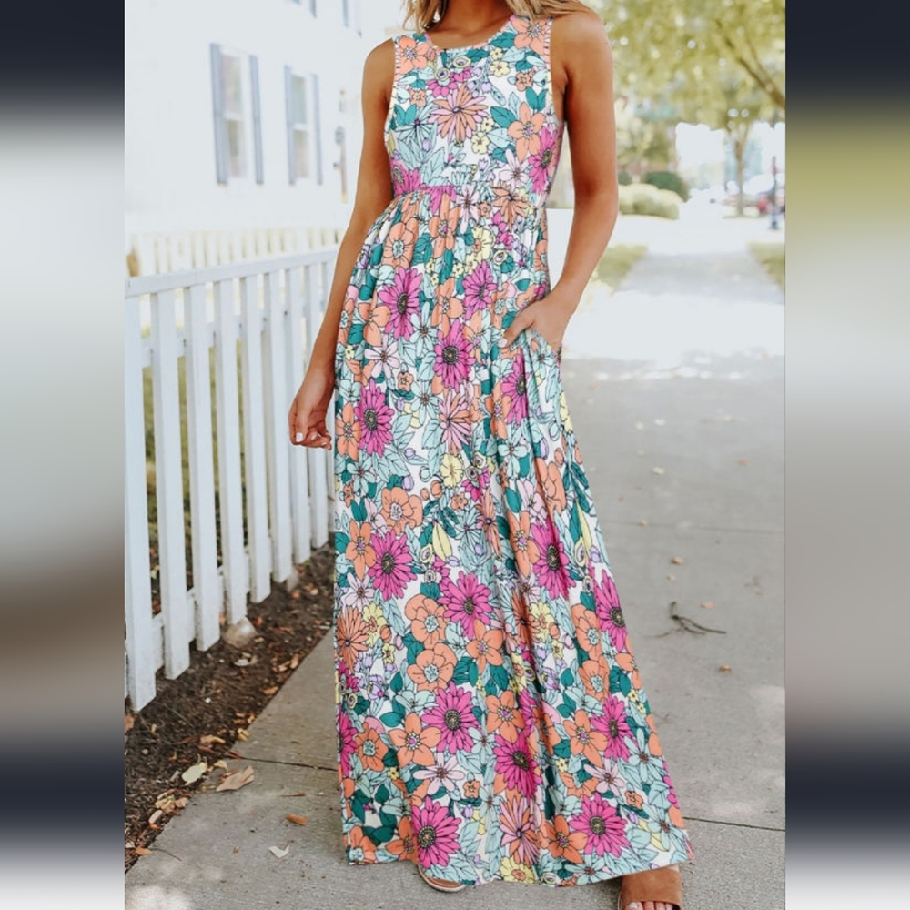 Floral Print High Waist Maxi Dress Retro Colurful Bright Sundress